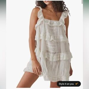 NWT Women Lace Trim Mini Dress Ruffle Flowy Babydoll Dress Spaghetti Strap
